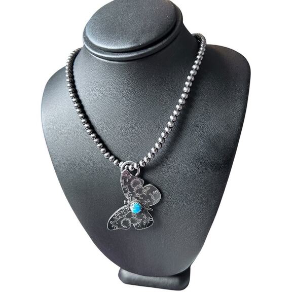 Handmade Jewelry - Kingman Turquoise In Sterling Hand Stamped Nickel Silver Butterfly Pendent New
